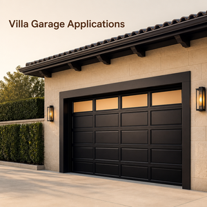 Dark Brown Aluminum Electric Garage Door with Four Warm Glazed Panels and Grid Design for Villa Factory Projects