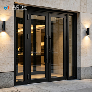 Black Frame Double Swing Hinged Door Large Tempered Glass Aluminum Door for Shopping Mall Store Front Commercial Entrance