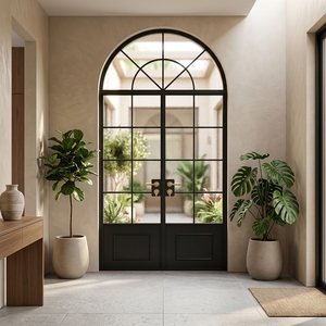 Modern Aluminum French Double Swing Doors with Arched Design for Living Room, Balcony, Hotel and Restaurant