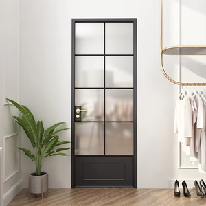 Custom Black Aluminum Arch French Door with Corrugated Frosted Glass Waterproof Interior