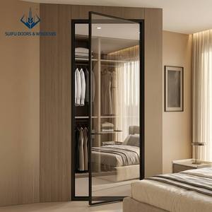 Minimalist Slim Frame Aluminum Swing Door for Bathroom Kitchen Fluted Glass Narrow Frame Casement Door with Magnetic Mute Lock
