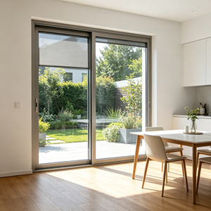 Gray Aluminum Sliding Window With Built-In Integral Blinds