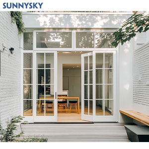 Sunnysky NFRC Customizable Etched Glass Windows Aluminum Clad Wood Bevelled Glass Window and Door